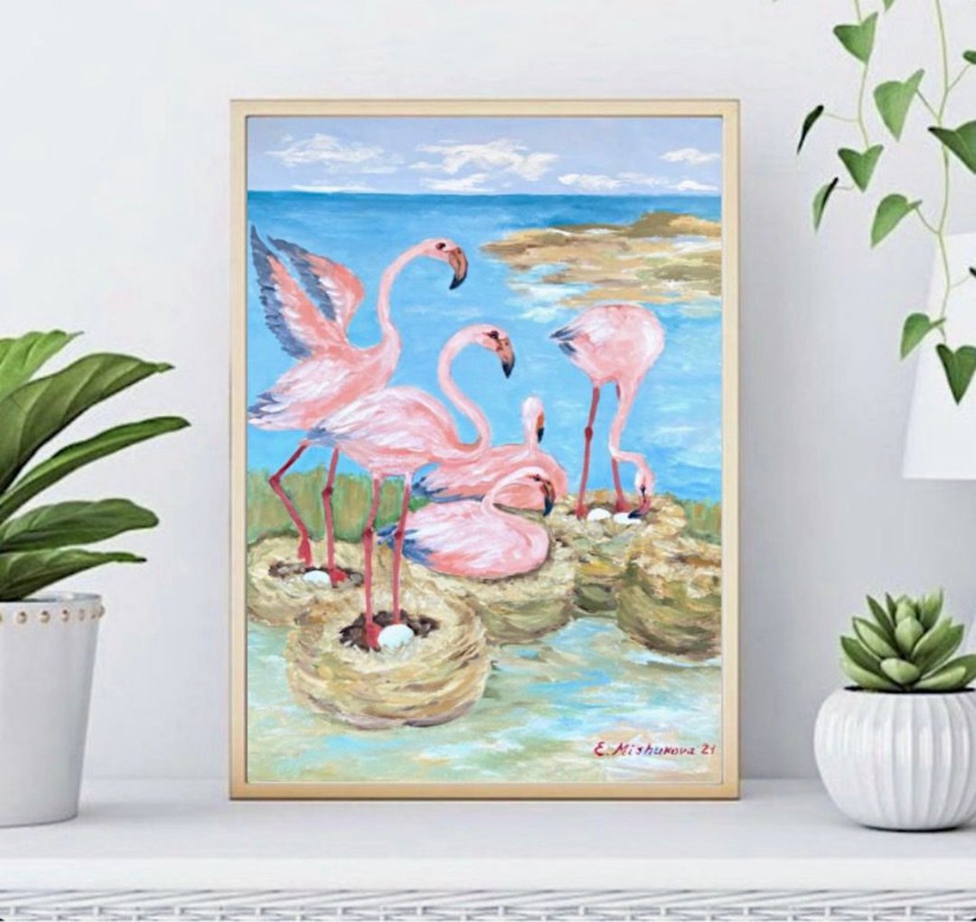 粉红色火烈鸟抽像海景画鸟类绘画原创艺术治愈图片墙壁装饰艺术 - 墙贴/壁贴 - 纸 粉红色