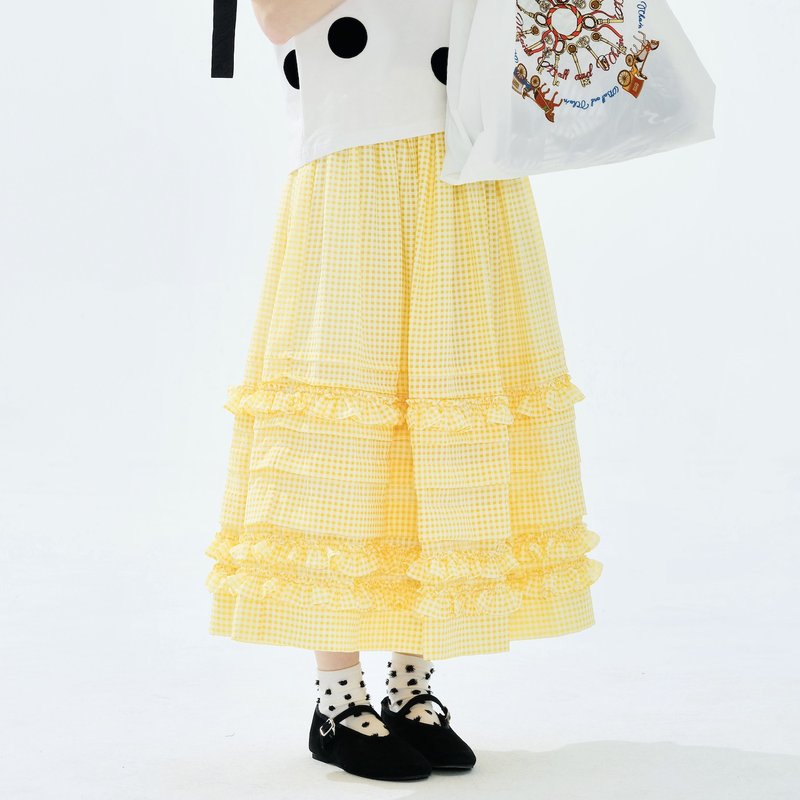 黄色小格点花边半身裙 / 裙子 - 裙子 - 棉．麻 黄色