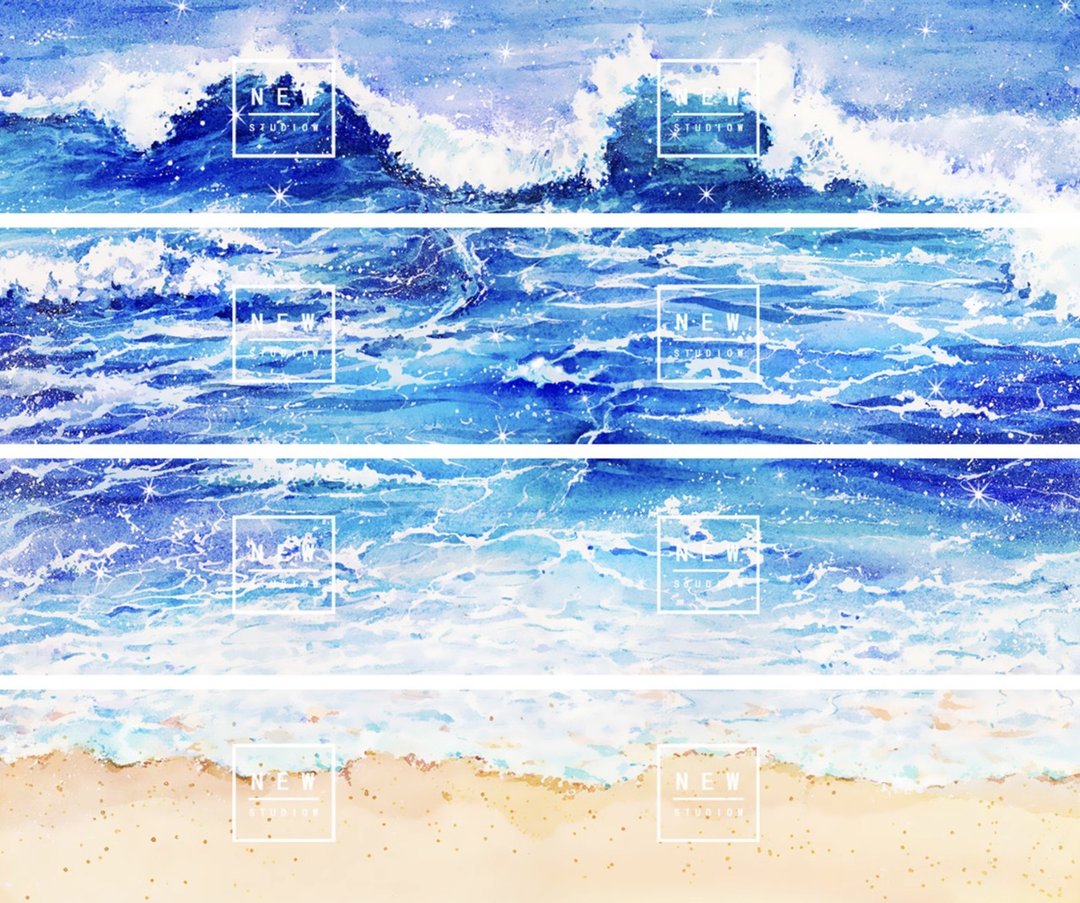 波浪浪 青に息づく波 水彩畫造景 和紙膠帶 台灣製 10米卷 - 纸胶带 - 其他材质 蓝色