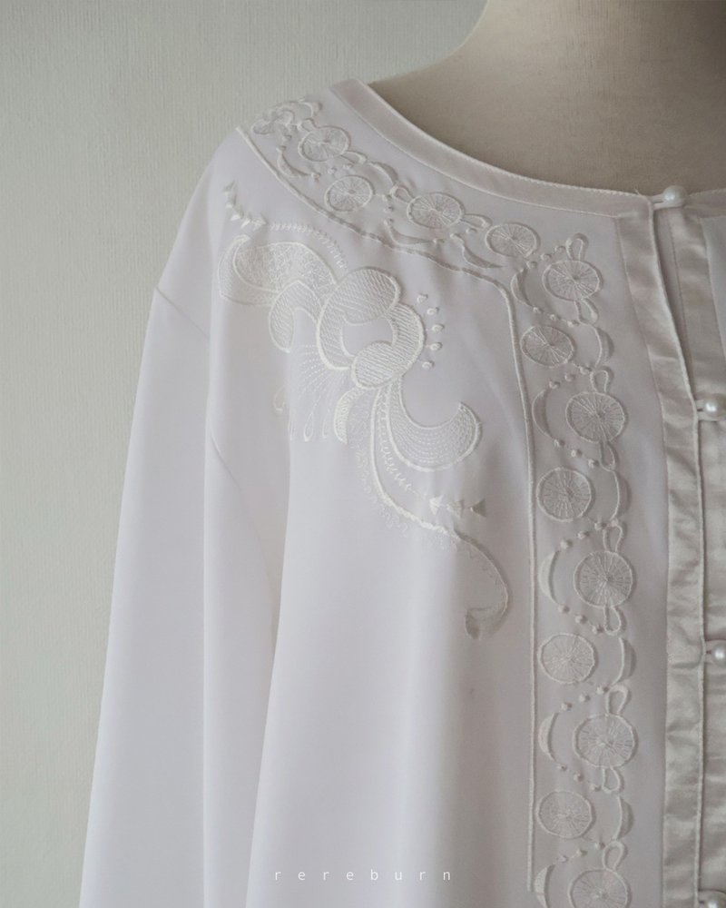 复古刺绣领宽松欧美版型长袖白色古着衬衫 - 女装衬衫 - 聚酯纤维 白色