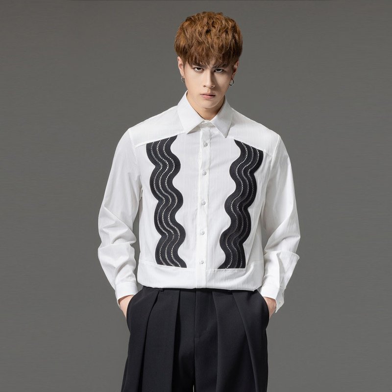 拼接条纹长袖衬衫  裁魂系列男士上衣衬衣 - 男装衬衫 - 棉．麻 