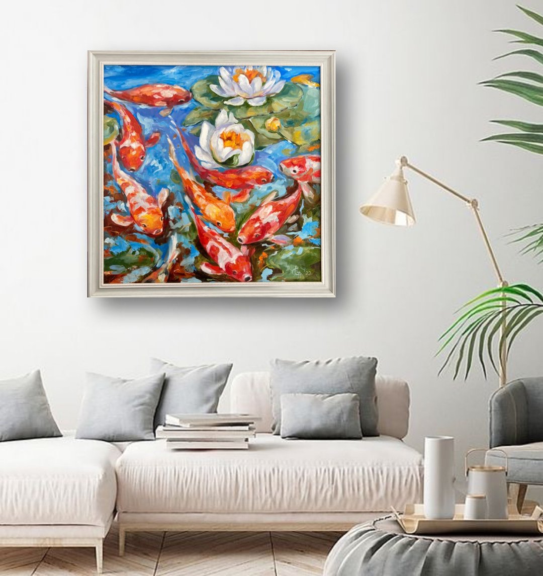 9 Koi Carp Painting Original Oil Koi Artwork Oriental Lotus Fish Pond - 墙贴/壁贴 - 其他材质 透明