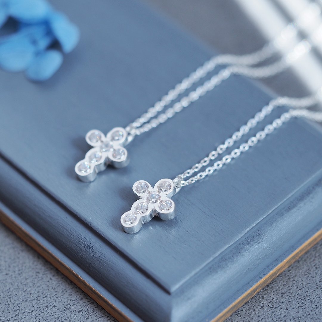 2 pieces set) Round Cross Pair Necklace Silver 925 - 项链 - 宝石 蓝色
