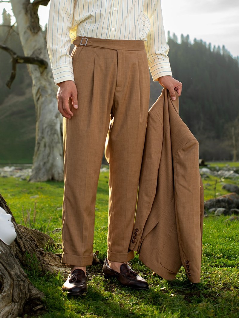 SOARIN义式复古细格纹休闲西装裤(2423F139) - 男士长裤 - 棉．麻 咖啡色