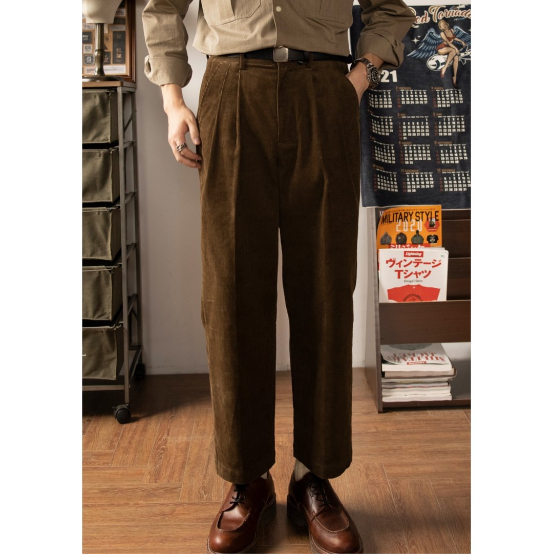 双折灯芯绒长裤 工装裤 高腰宽松 预缩处理 复古 秋冬 Corduroy - 男士长裤 - 棉 卡其色