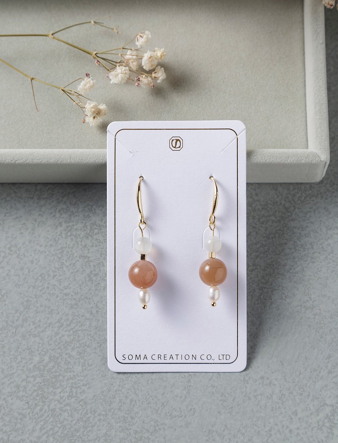 牧羊人 Moonstone Freshwater Pearl 耳环 - 耳环/耳夹 - 宝石 橘色