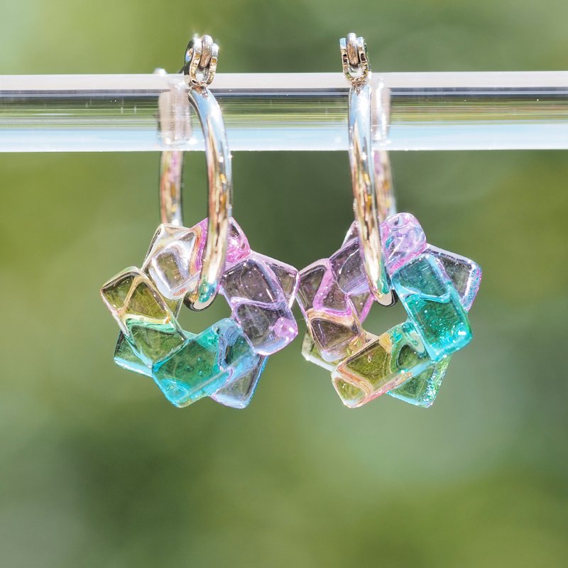 Glass Warp (Warp [Sakura Pastel]) Hoop Earrings/ Clip-On[You can choose metal fittings] [Made-to-order] - 耳环/耳夹 - 玻璃 粉红色