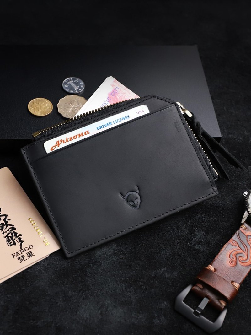 定制化 真皮卡片套拉链口袋 手工头层牛皮零钱包 小巧卡片包/卡夹 - 名片夹/名片盒 - 真皮 黑色