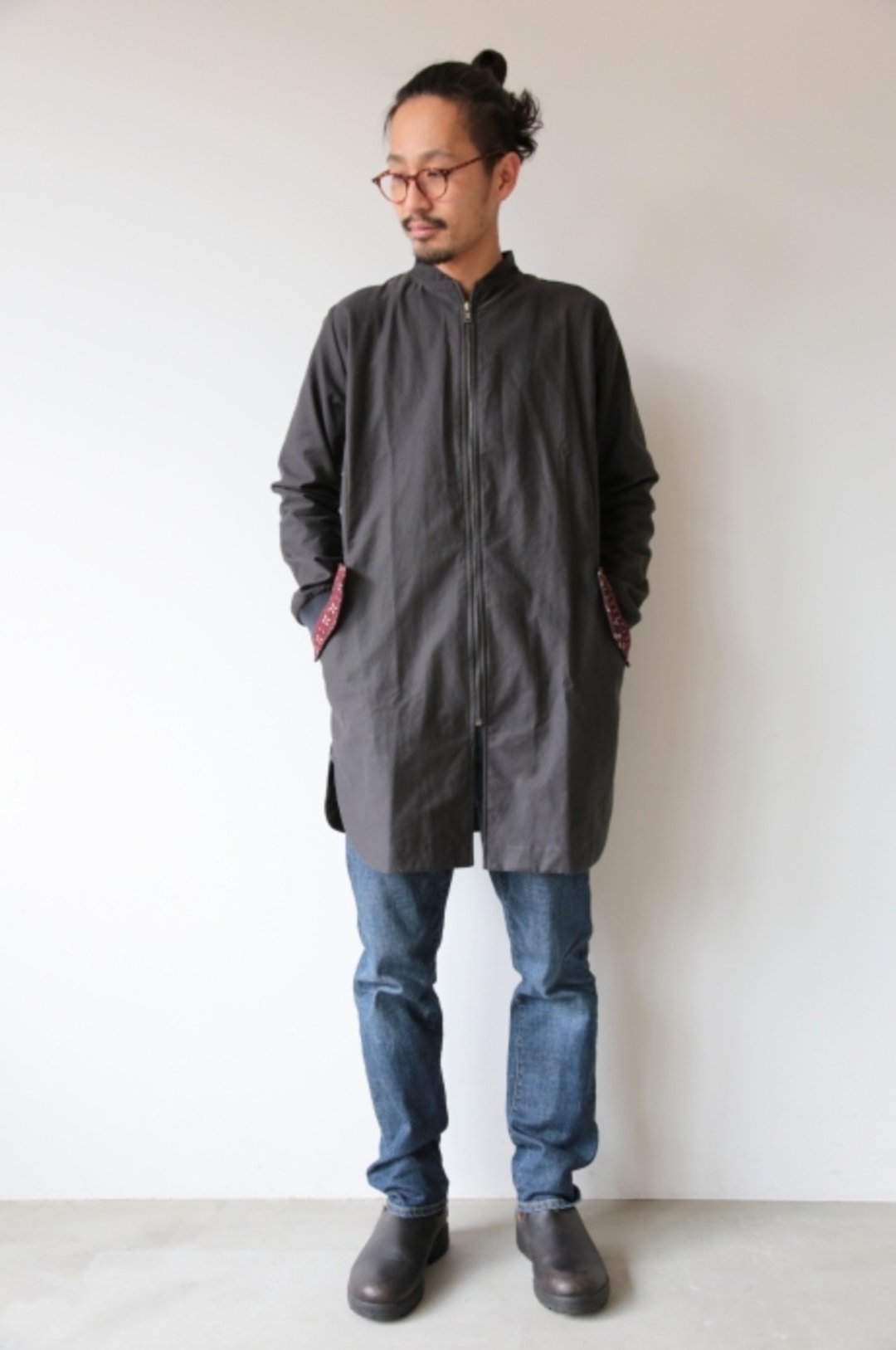 Omake Original / Remake Long jacket / (gray/green ) - 男装外套 - 棉 灰色