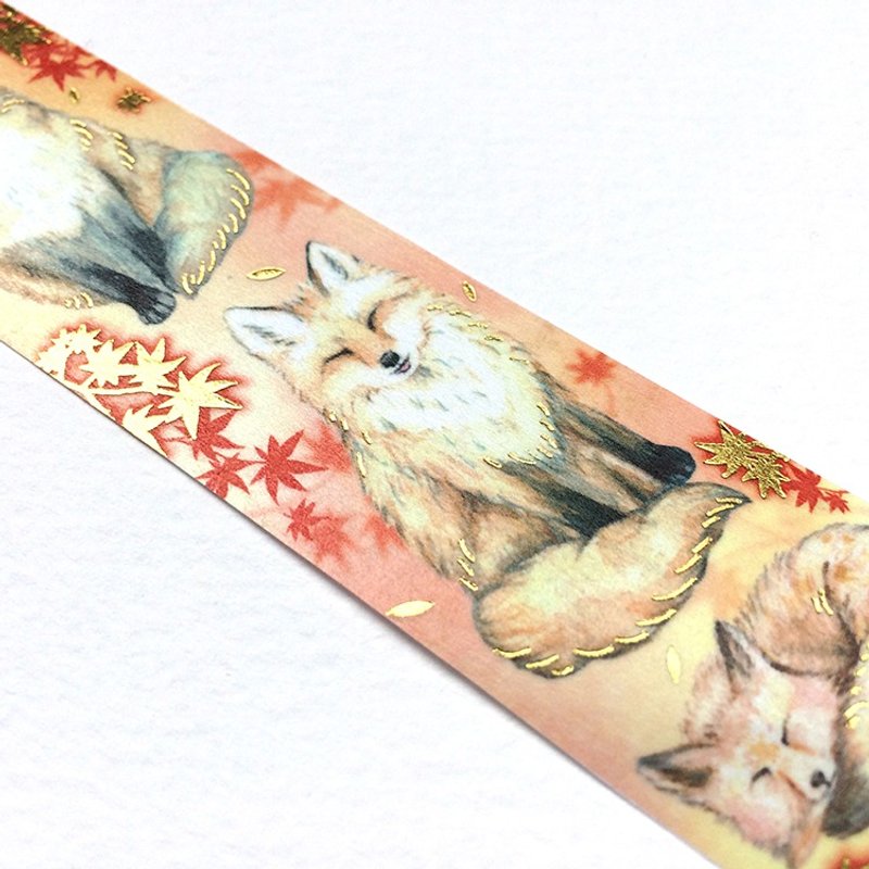 红叶与狐 烫金纸胶带 特殊压箔 秋意浓红色枫叶搭配可爱狐狸款 - 纸胶带 - 纸 红色