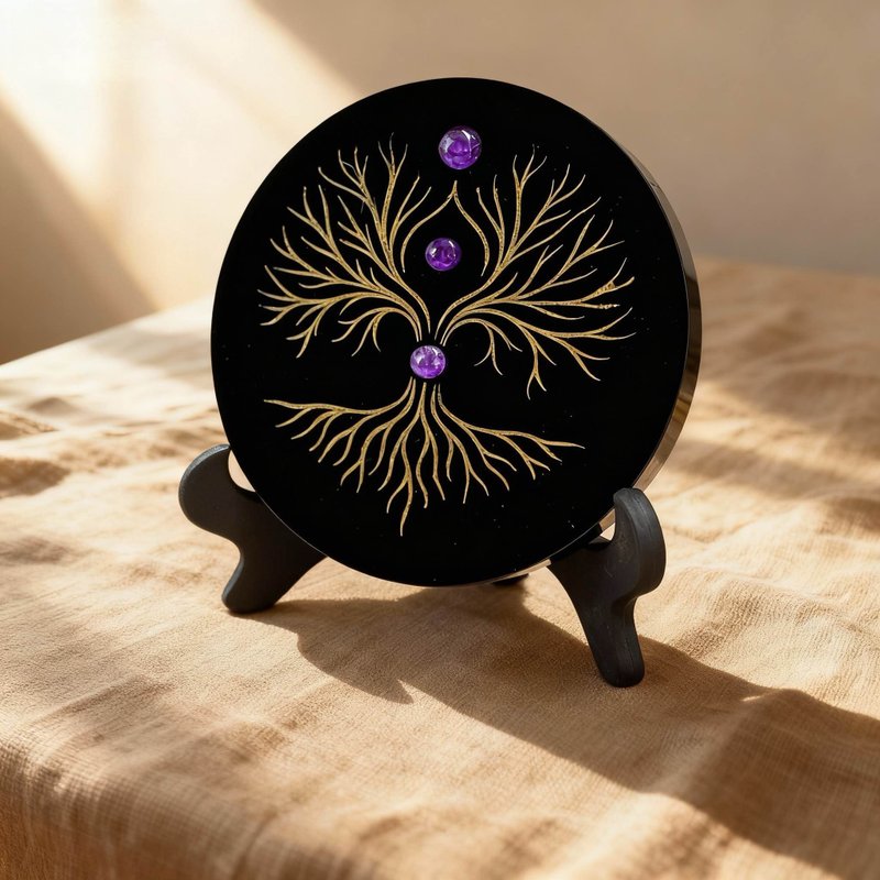 黑曜石紫水晶金树能量摆件 激光雕刻手工描金桌面疗愈装饰 - 摆饰 - 水晶 黑色