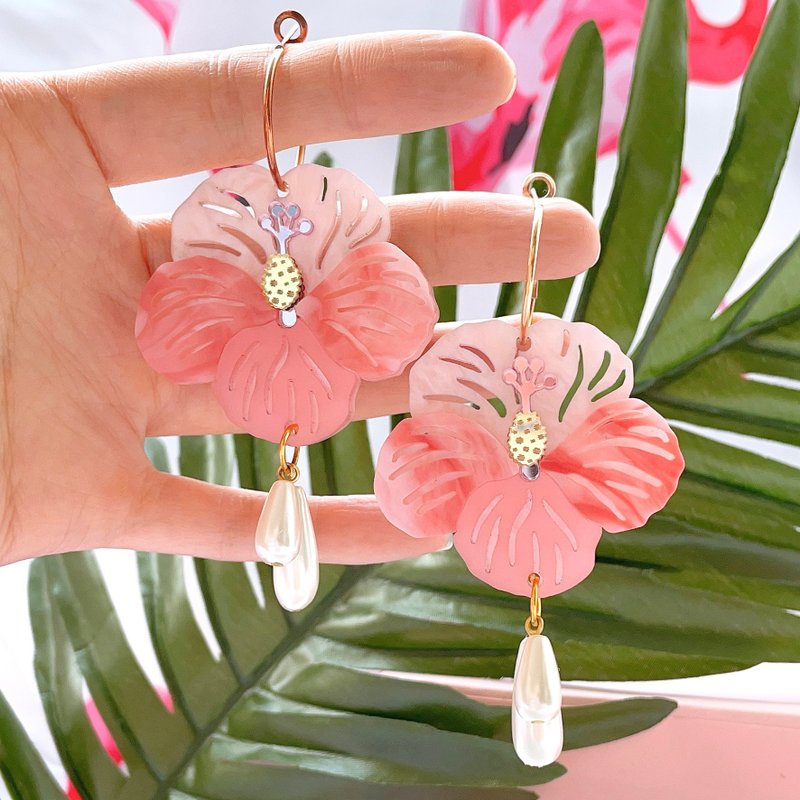 粉红木槿花耳环 - 耳环/耳夹 - 压克力 粉红色