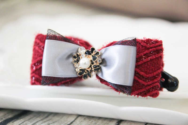 Sweet House 酒红毛尼蝴蝶结香蕉夹 - 发饰 - 棉．麻 红色