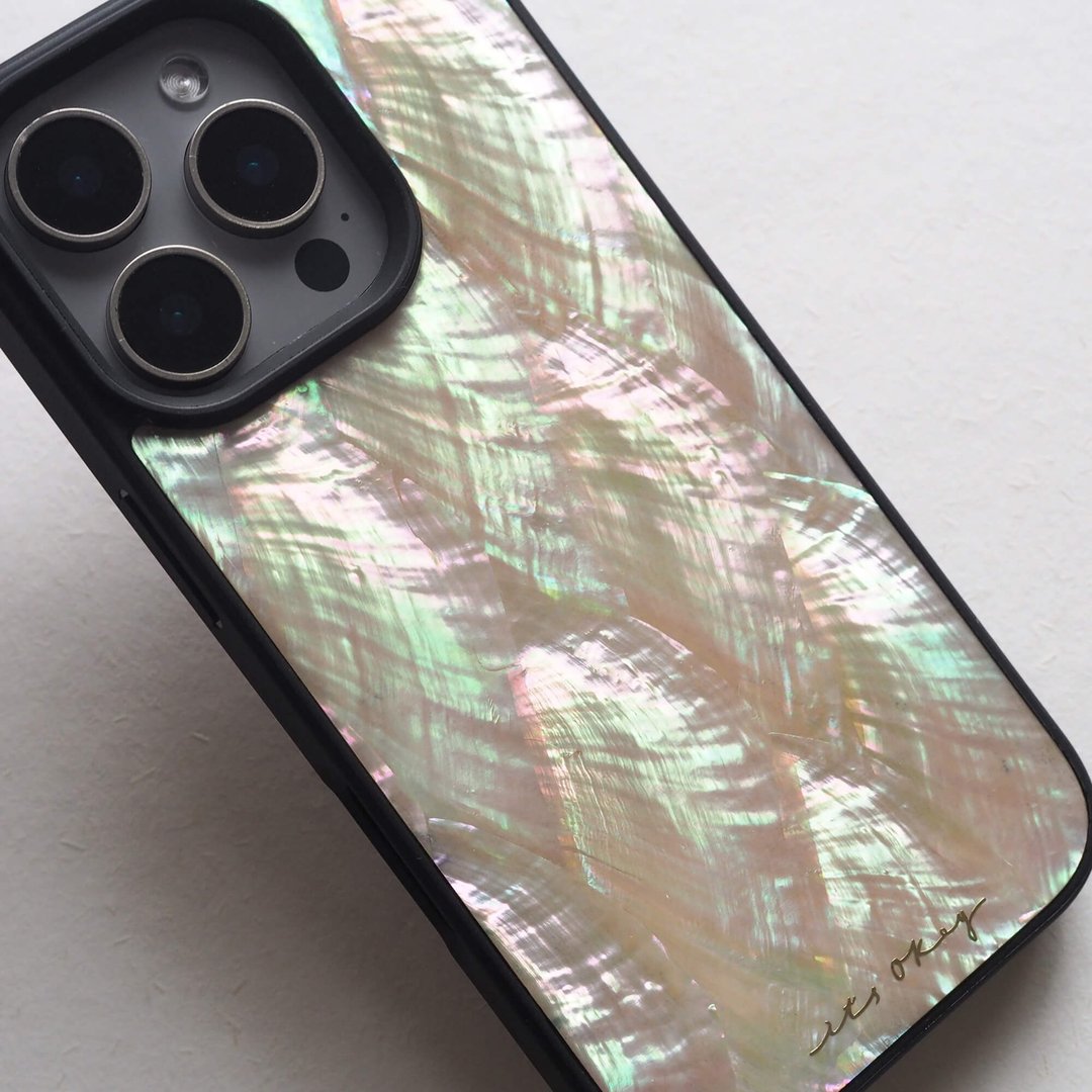 香槟金 珍珠母贝 手工手机壳 适用iPhone16,15,14,13,12,11ProMax - 手机壳/手机套 - 贝壳 金色