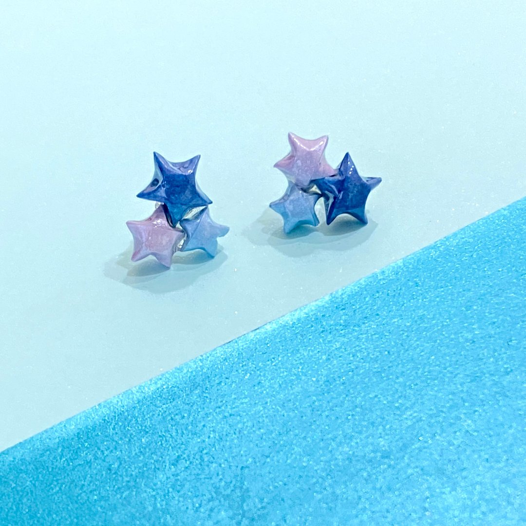 星星耳环 立体幸运星925银耳环/耳夹 | 星尘 - 耳环/耳夹 - 纯银 蓝色