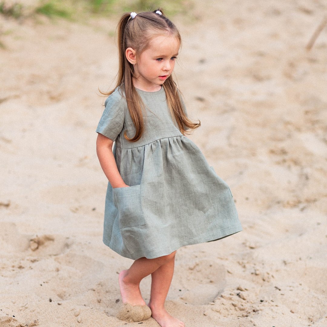 Linen Baby Dress Kids Clothing Linen Girl Clothes First Birthday Dress - 童装礼服/连衣裙 - 亚麻 绿色