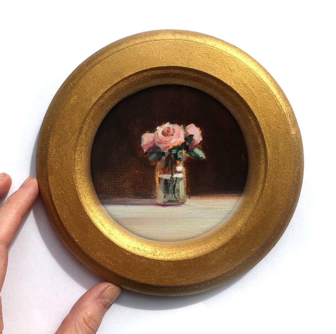 裱框花卉油画仿古风格花束静物画圆形原创圆形 - 墙贴/壁贴 - 其他材质 粉红色