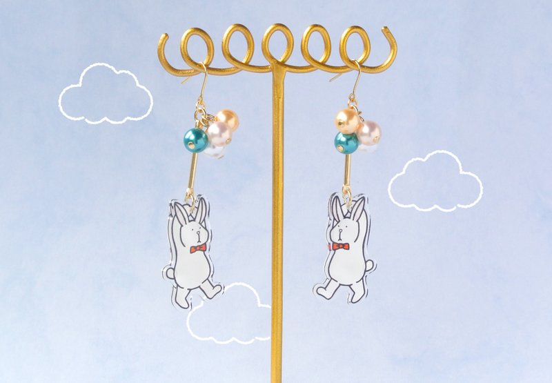 Rabbit flying by balloon - 耳环/耳夹 - 压克力 