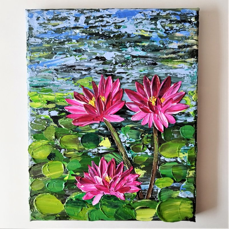 Water Lily Acrylic Painting Textured Wall Art – Pink Lotus Flower Canvas Artwork - 墙贴/壁贴 - 压克力 多色