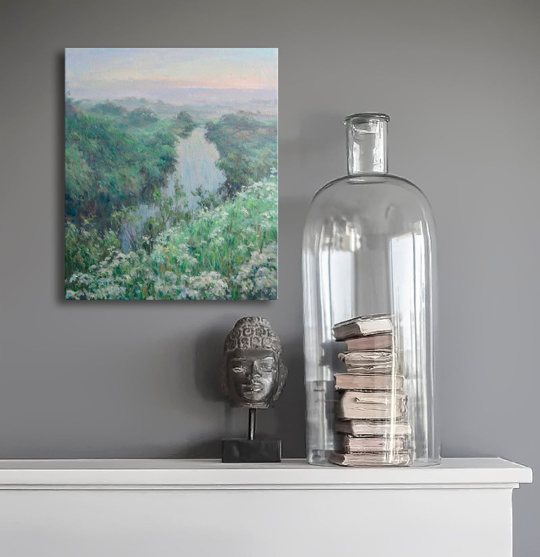 River Nature Meadow Landscape Original Oil Painting Wall Decor Original Artwork - 墙贴/壁贴 - 其他材质 绿色