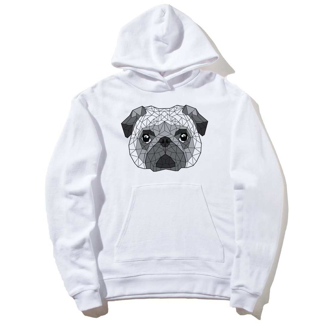 Geometric Pug 前图款 长袖刷毛连帽T 白色  几何 巴哥 巴狗 法 - 中性连帽卫衣/T 恤 - 棉 白色
