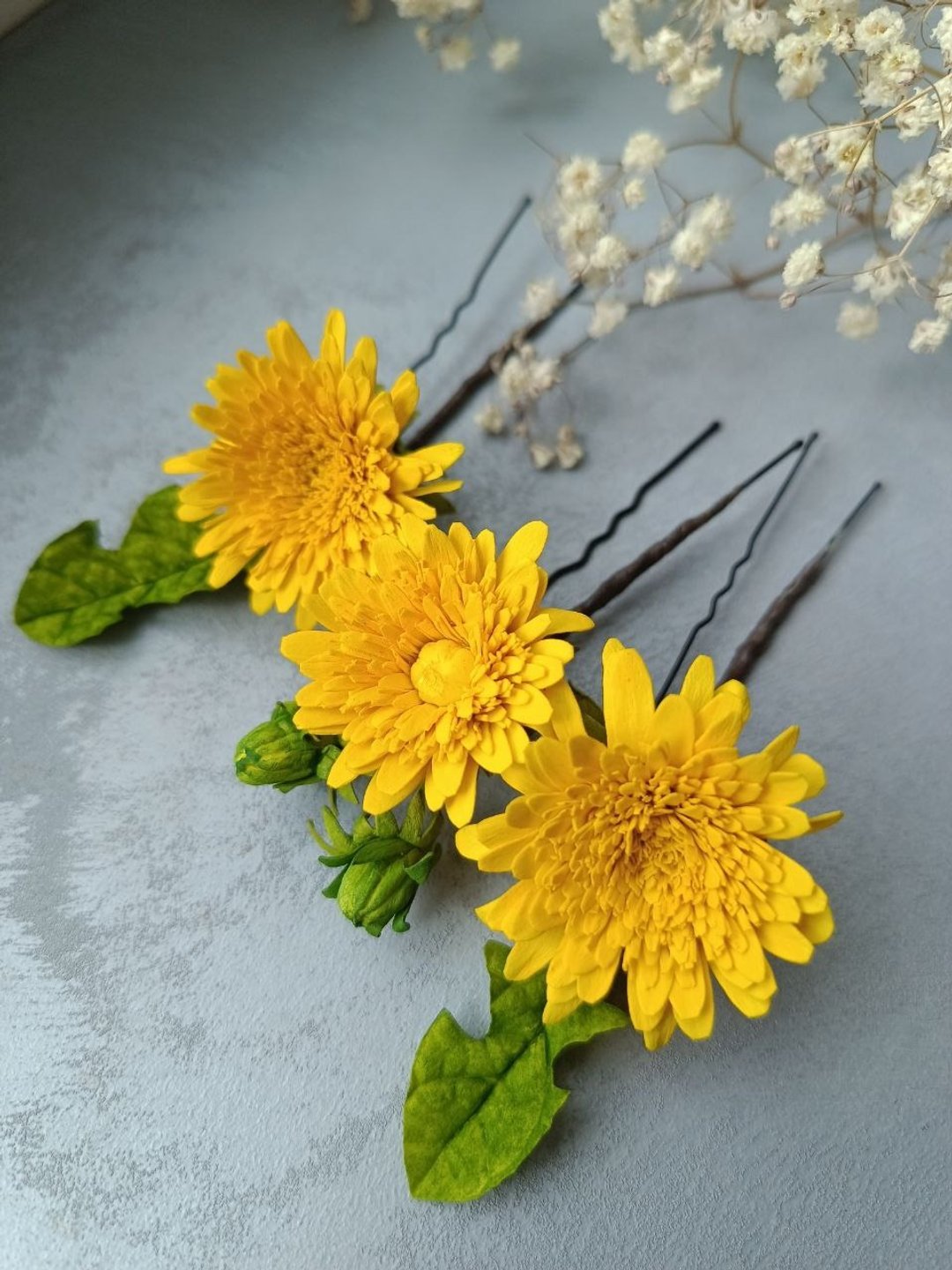 永生蒲公英发夹，适合婚礼佩戴。夏日头饰，点缀黄色花朵。 - 发饰 - 其他材质 黄色