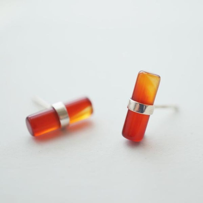 天然宝石玛瑙手工纯银耳环 - 耳环/耳夹 - 宝石 红色