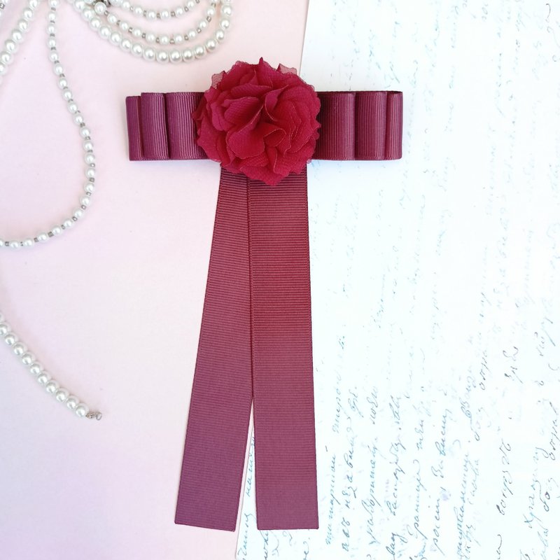 Bow tie brooch Ribbon brooch with flower Burgundy bow brooch Shirt brooch - 胸针 - 棉．麻 
