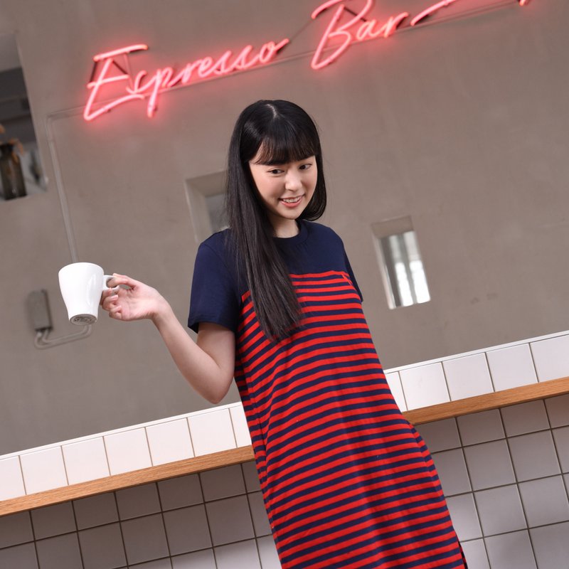 风格条纹长棉洋∣过膝洋装共2色。小A版型腰间口袋。不厚重不会透 - 洋装/连衣裙 - 棉．麻 