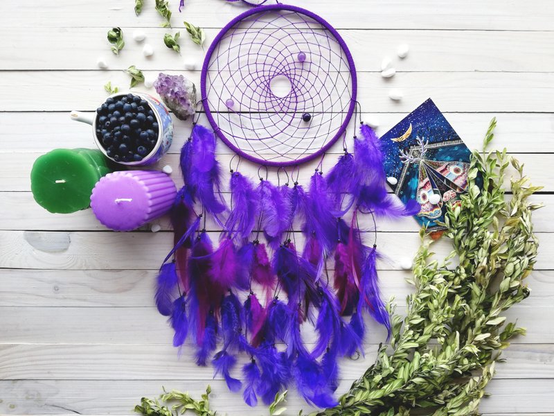 Purple dream catcher, Birthday gift, Large dreamcatcher, Bedroom wall hanging - 墙贴/壁贴 - 木头 紫色