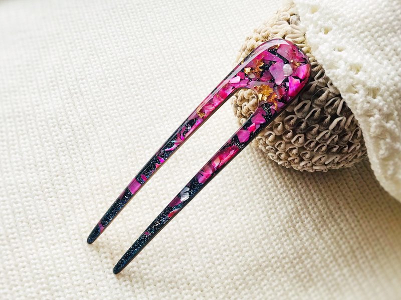 红色发夹，饰有珍珠母贝，发簪，发叉 - 发饰 - 木头 红色