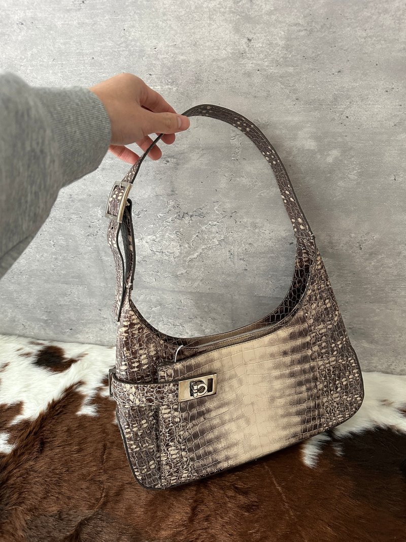 中古包 FERRAGAMO 菲拉格慕 鳄鱼压纹肩背包 - 手提包/手提袋 - 真皮 卡其色
