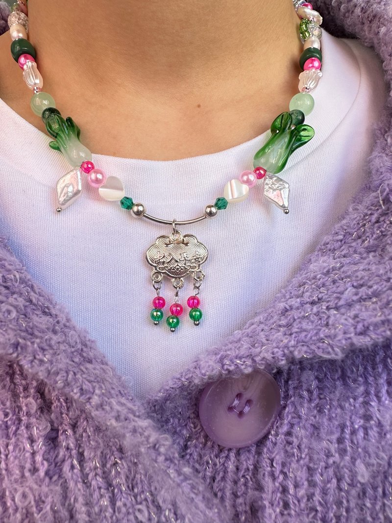 【热卖】中式 纯银 玻璃 水晶 白菜淡水珍珠项链 | Y2K 千禧风饰 - 颈链 - 珍珠 