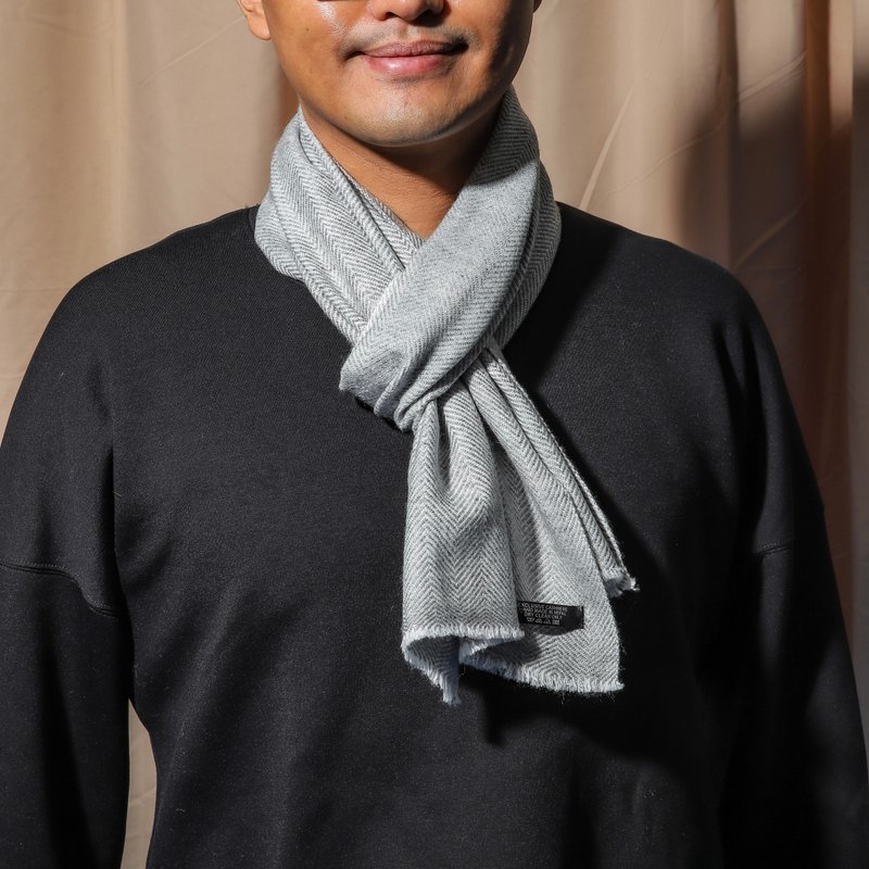 【窄版】喀什米尔羊毛围巾 无染中灰斜纹 脖围 手工编织 男女 - 围巾/披肩 - 羊毛 灰色