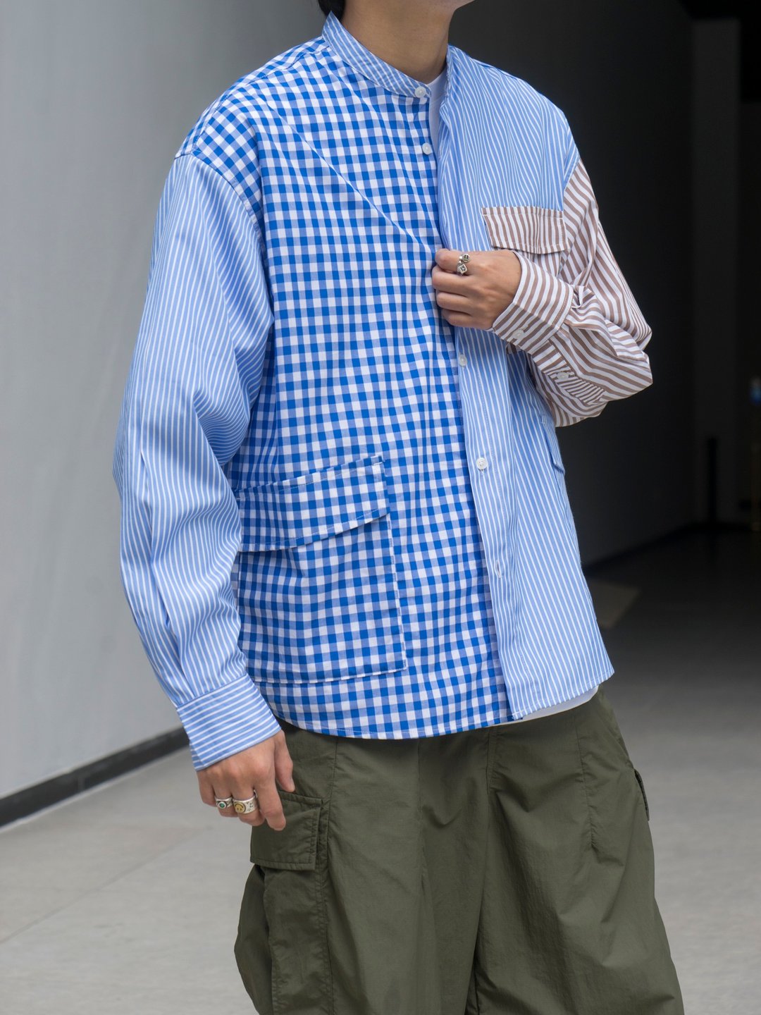 SHIRTS 日系潮流拼接條紋格紋襯衫 立領工裝口袋寬鬆休閒復古長袖 - 男装衬衫 - 棉 蓝色