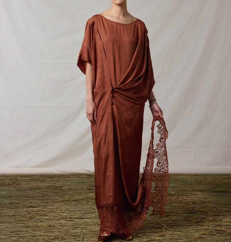 【定制礼服】新中式复古 圆领打褶高定连衣裙 - 洋装/连衣裙 - 其他材质 红色