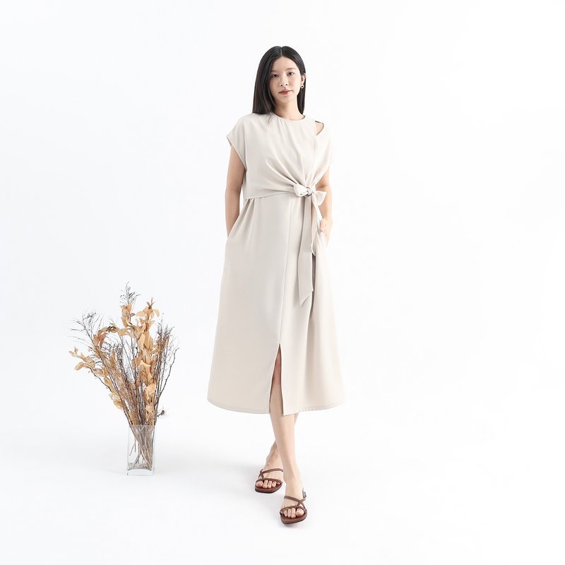 【经典原创】Yueshi_月蚀篓空绑带洋装_CLD027_灰杏 - 洋装/连衣裙 - 聚酯纤维 卡其色