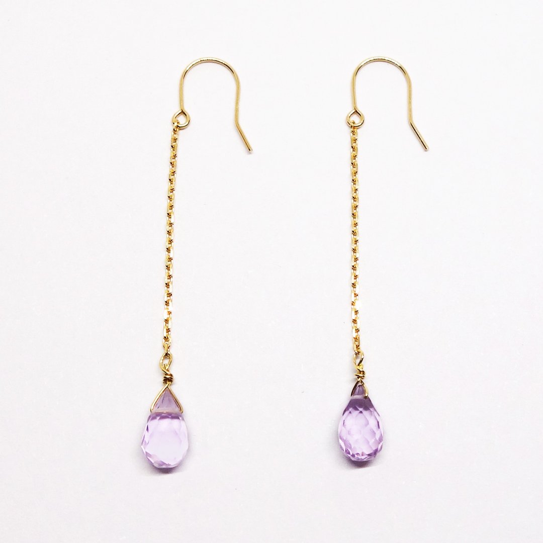 K18YG Amethyst briolette long chain earrigs【Pio by Parakee】紫水晶耳環 - 耳环/耳夹 - 宝石 紫色
