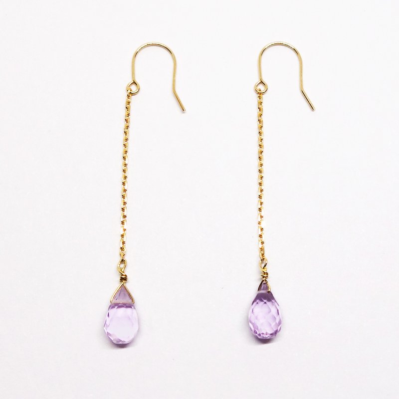 K18YG Amethyst briolette long chain earrigs【Pio by Parakee】紫水晶耳環 - 耳环/耳夹 - 宝石 紫色