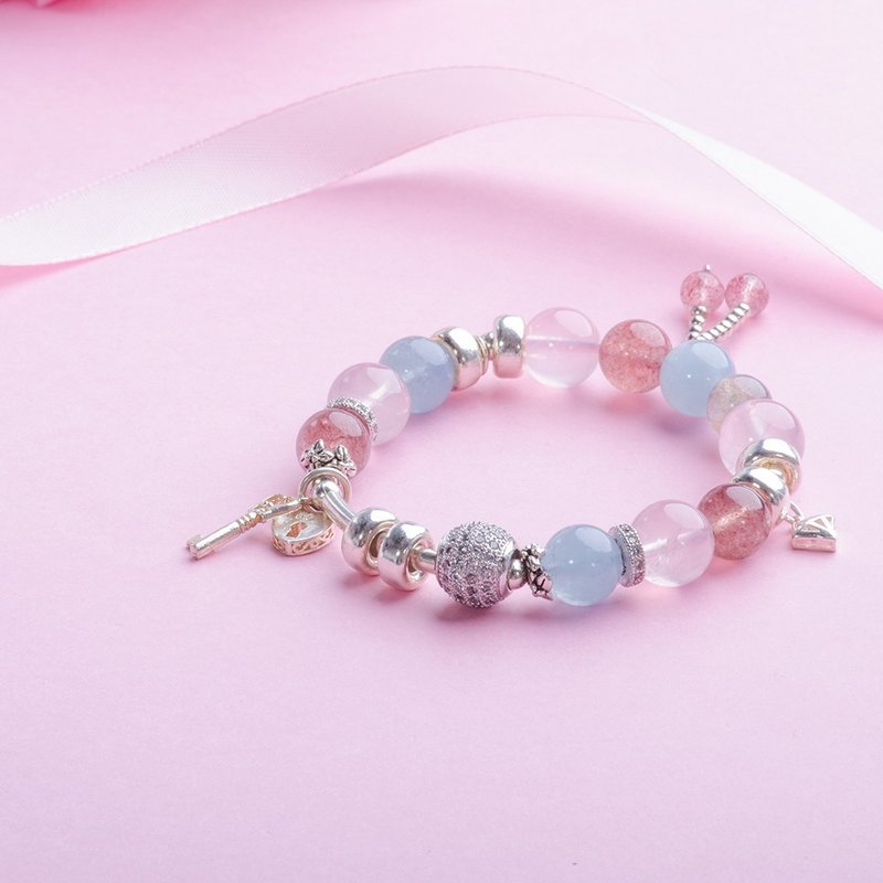 海蓝宝粉水晶草莓晶手链 |  925纯银锆石水晶手链 | 马卡龙的狂欢 - 手链/手环 - 水晶 粉红色