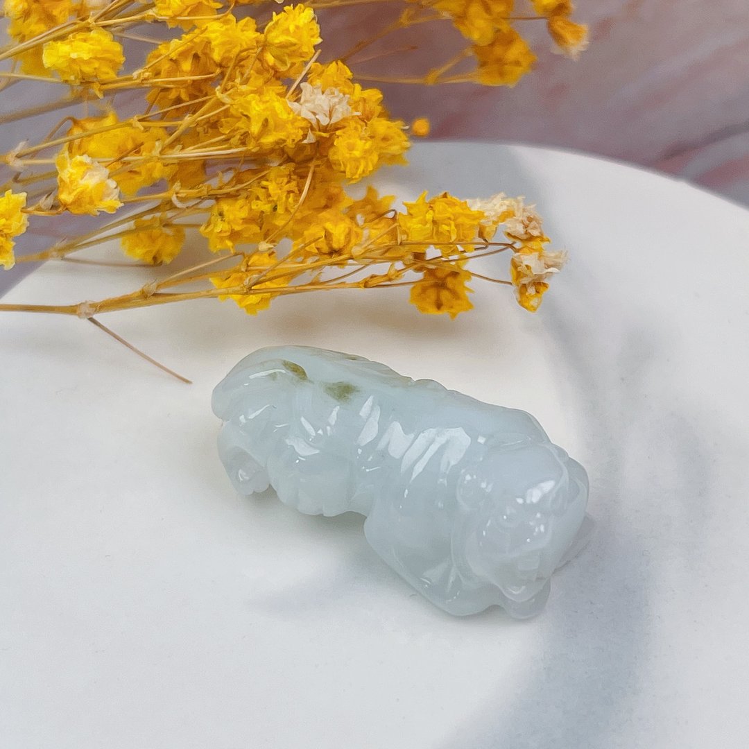 冰糯种飘绿花翡翠老虎 | 天然A货翡翠 | 送礼 - 吊饰 - 玉石 透明