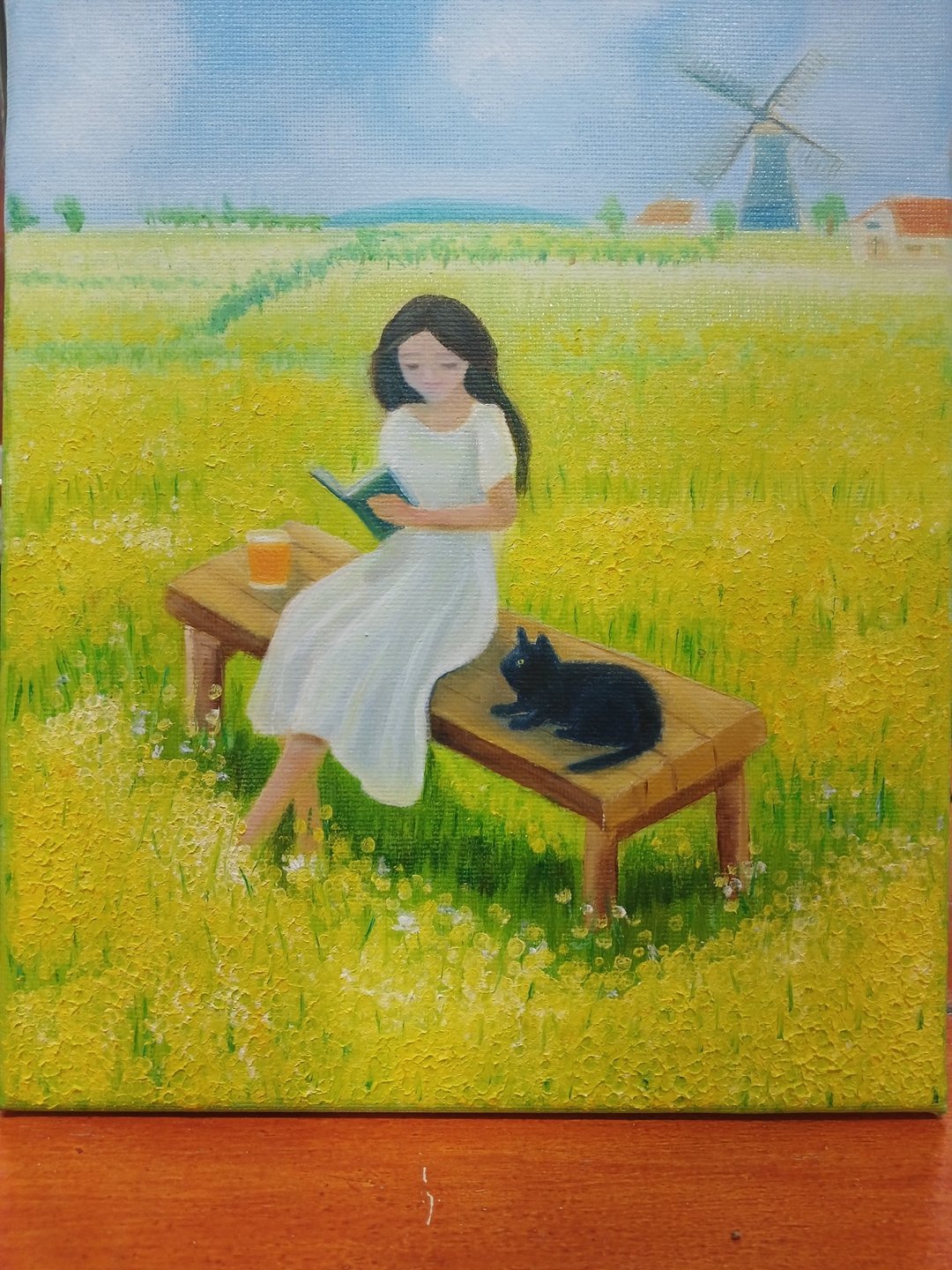 油画画布作品：阅读的女孩与黑猫 - 墙贴/壁贴 - 棉 
