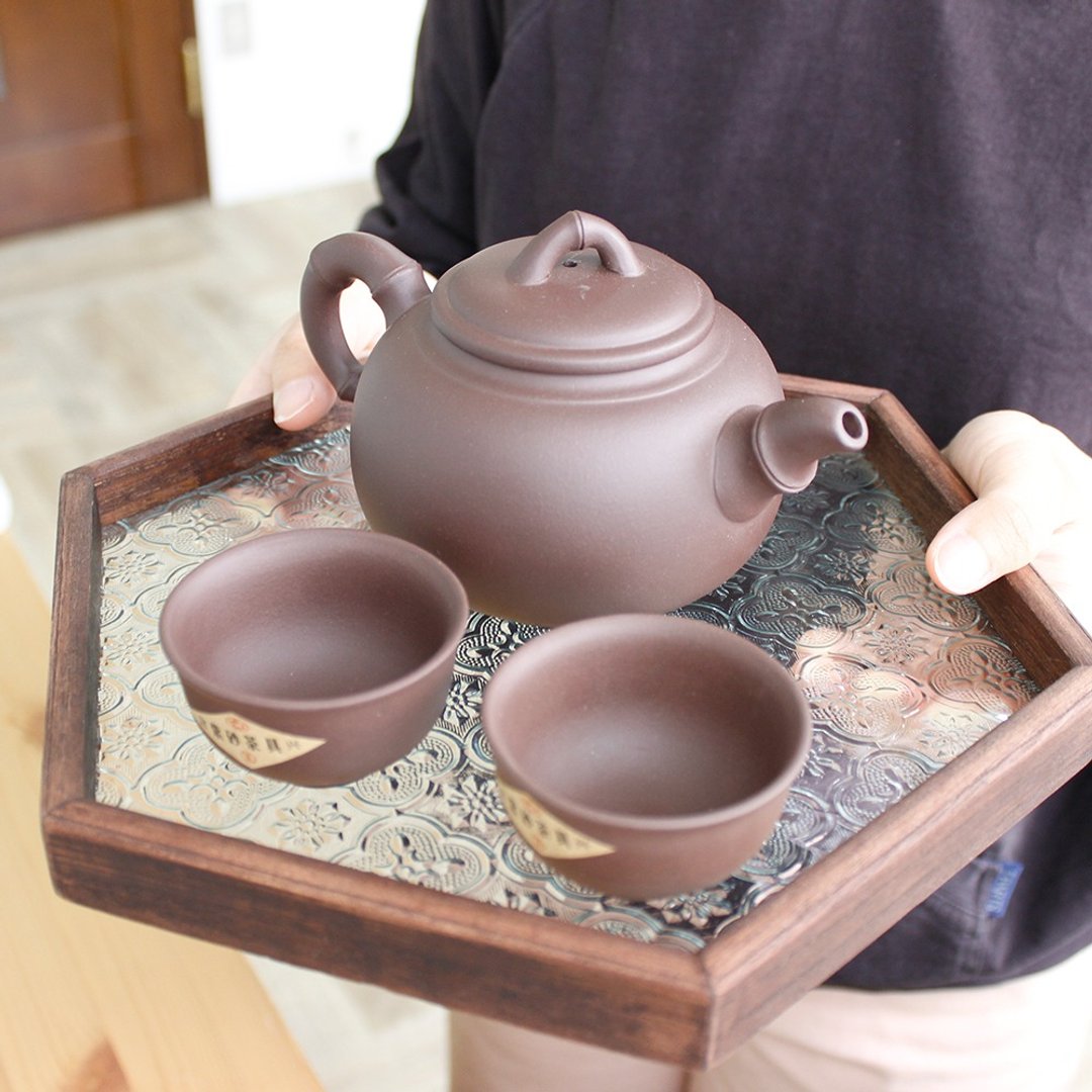 海棠花痴玻璃海棠玻璃复古图案玻璃木托盘六角形 26cmx23cm - 托盘/砧板 - 玻璃 咖啡色