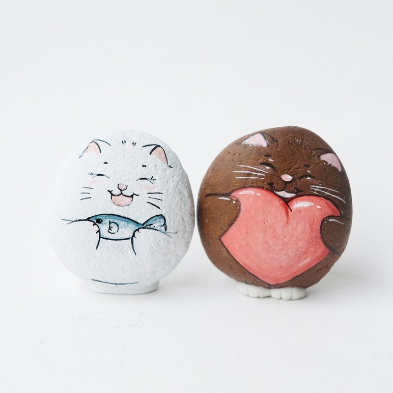 Cat couple and food stone painting,original art. - 其他 - 防水材质 红色