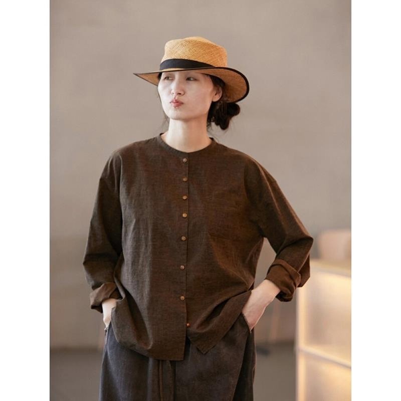 香云纱圆领开襟古董感轻中式衬衫 - 女装衬衫 - 丝．绢 