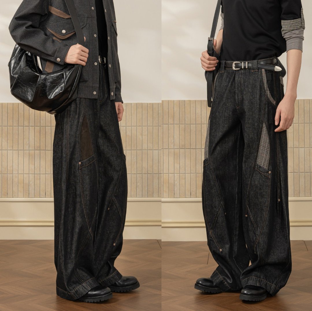 【暗礁】破缝拼接撞钉原牛弯刀裤/Couture Jeans牛仔裤 - 男士长裤 - 棉 黑色