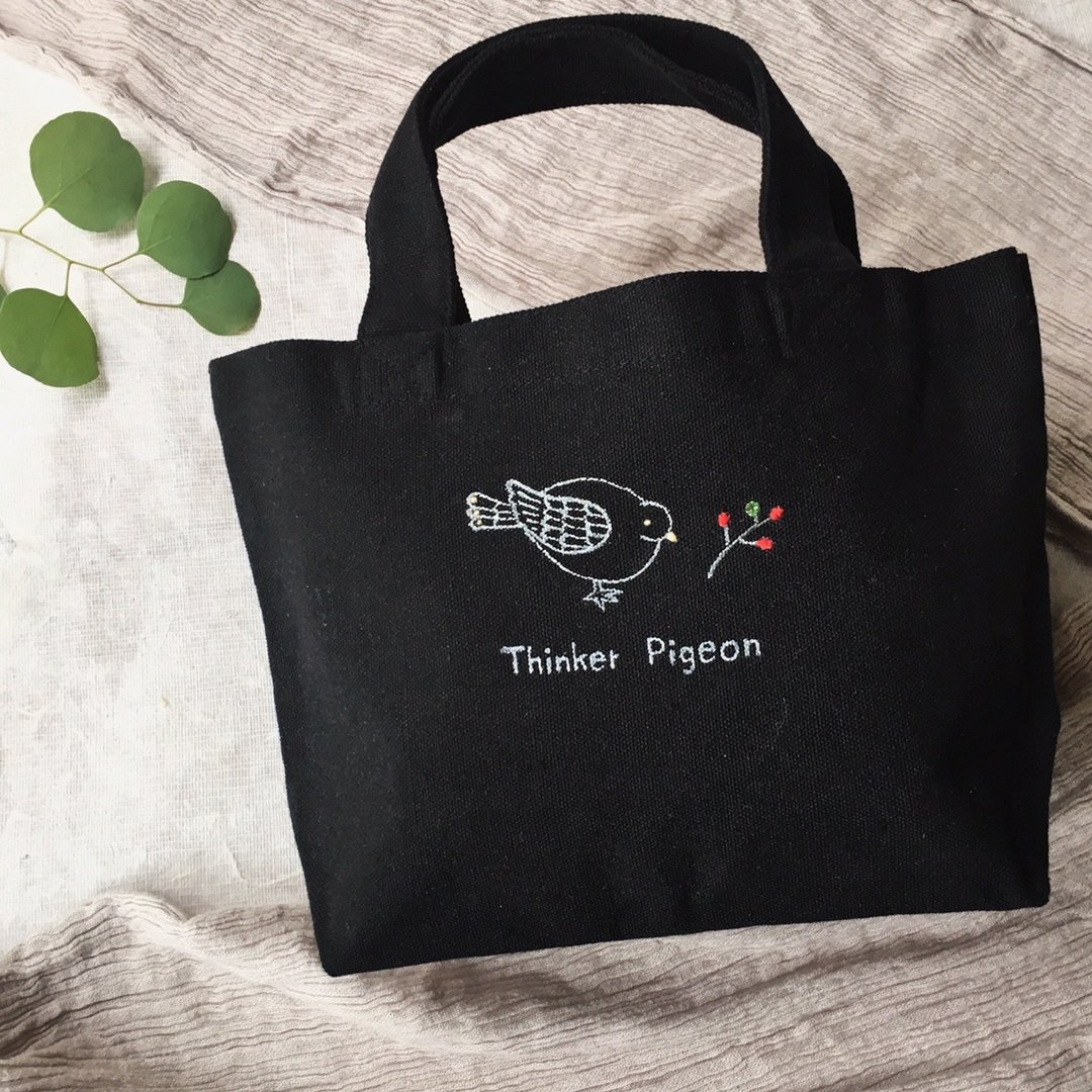 mini totebag 【Thinker pigeon 】 - 手提包/手提袋 - 棉 黑色