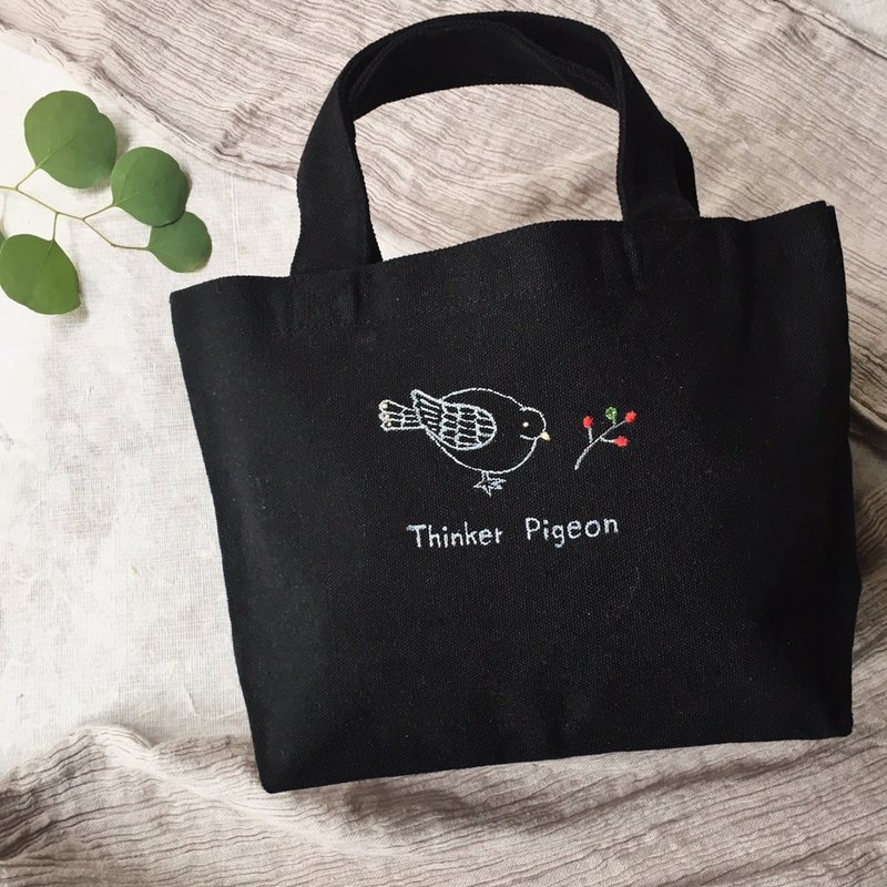 mini totebag 【Thinker pigeon 】 - 手提包/手提袋 - 棉．麻 黑色