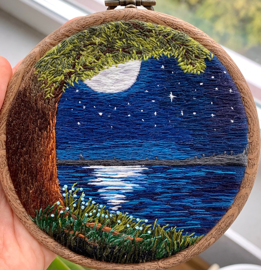 Night Landscape Embroidery Art, Hand Embroidery, Thread Painting - 墙贴/壁贴 - 绣线 多色