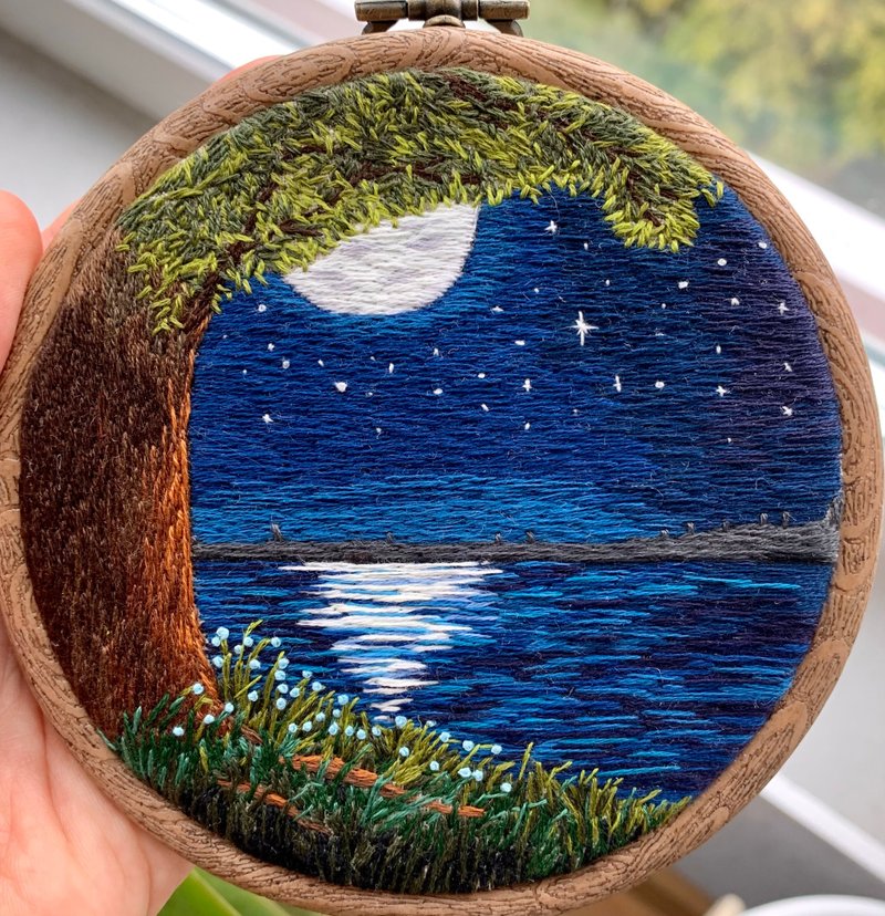 Night Landscape Embroidery Art, Hand Embroidery, Thread Painting - 墙贴/壁贴 - 绣线 多色